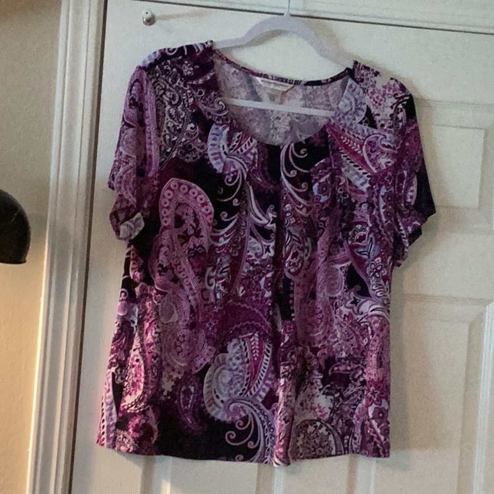 Allison Daley Purple Pink Graphic Short Sleeve Blouse